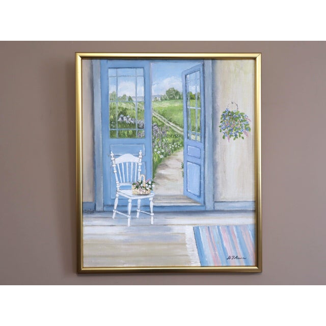 OPEN DOORS TO SUMMER Size: 23 x 19.5 inches (including frame) Oil on canvas A wonderfully serene mid-century interior...