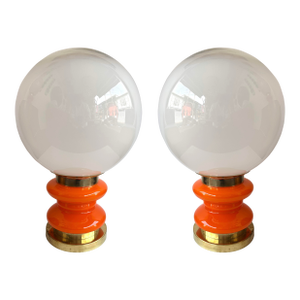 Contemporary Pair of Brass and Orange Murano Glass Bulbs Lamps, Italy