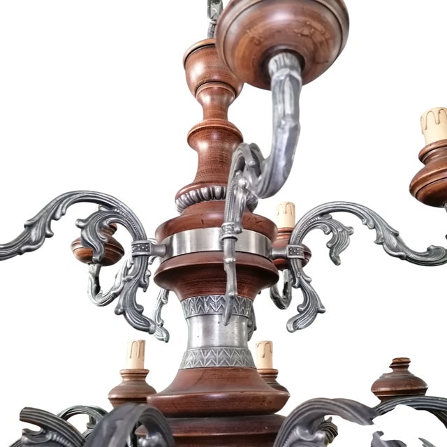 1950s Baroque Style 15-Light Chandelier in Metal and Wood, 1950s For Sale - Image 5 of 9