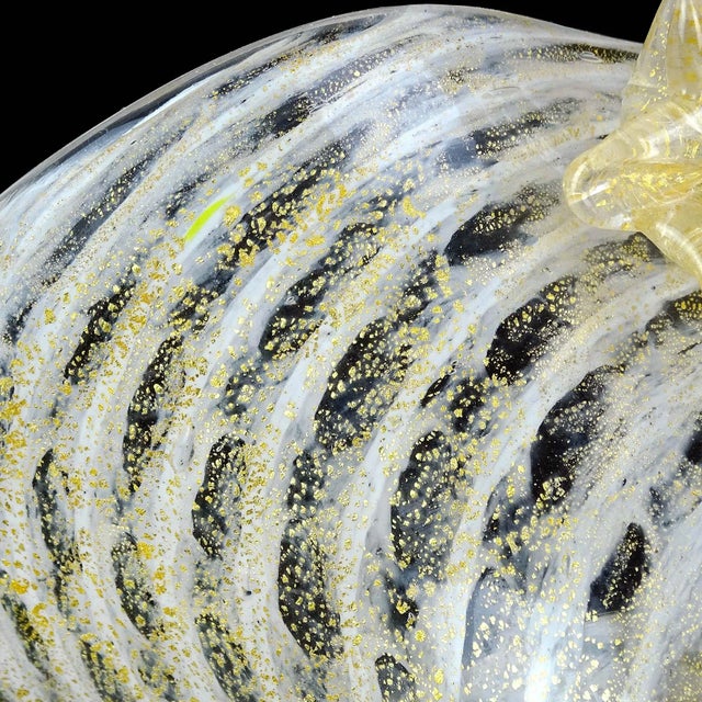 Vintage Murano Gold Flecks White Swirl Italian Art Deco Style Glass Applied Flowers Fan Shape Vase For Sale - Image 10 of 10