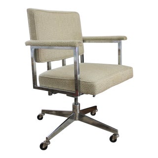 Mid-Century Modern Bouclé and Polished Chrome Swivel Rolling Desk Chair For Sale