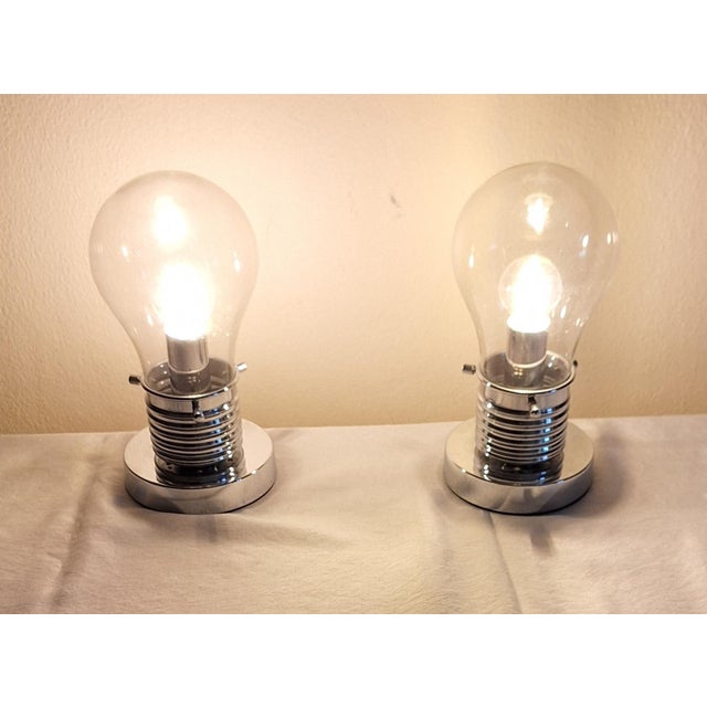 Vintage Light Bulb Bedside Lamps in Chrome-Plated Metal with Clear Pear-Shaped Glass Shade from Wofi-Leuchten, 2000s, Set of 2 For Sale - Image 3 of 8