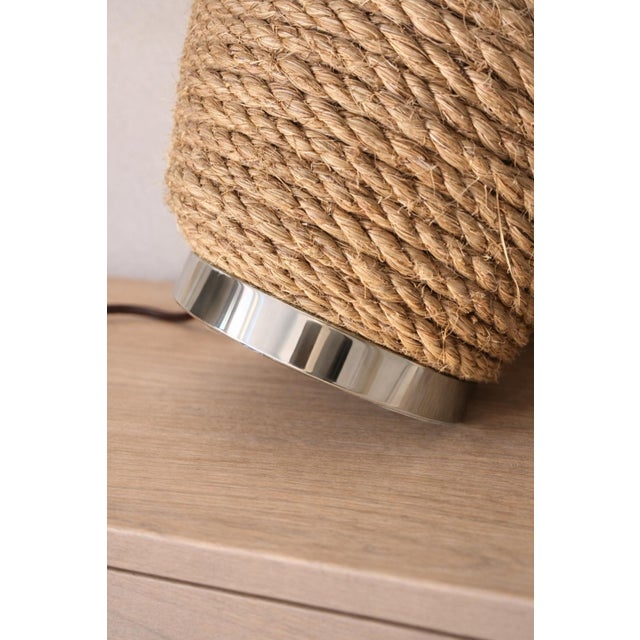 Contemporary Coastal Rope Wrapped Table Lamp With Linen Shade – Organic Modern Texture For Sale - Image 3 of 7