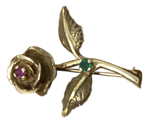 14k Gold Pin in Shape of Long Stemmed Rose With Ruby and Emerald Accent