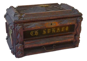 Turn of the Century Hand Carved Tramp Art Wooden Jewelry Box, Circa 1900