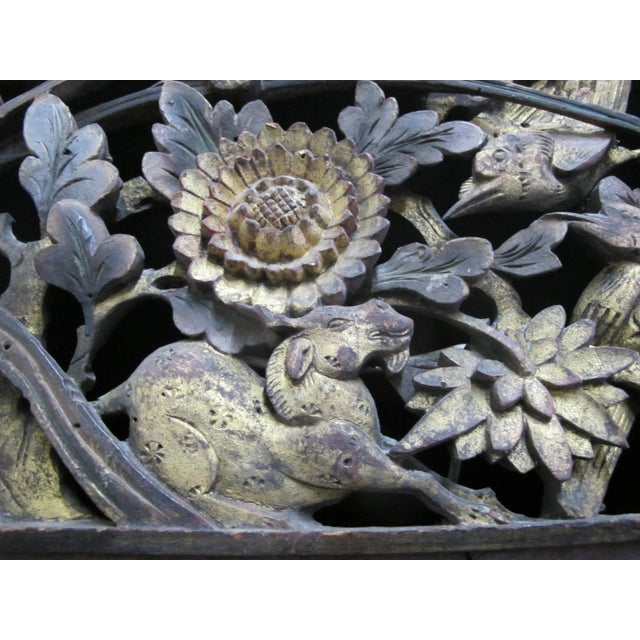 Chinese Chinese Carved Pierced Gilt Wood Goat Animal Flower & Bird Art Wall Panel For Sale - Image 3 of 7