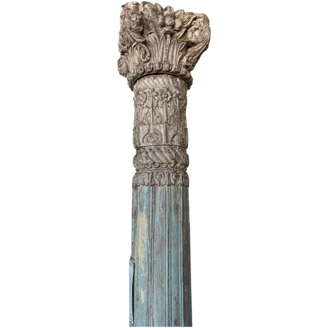 Folk Art Pair of Hand Carved Reclaimed Teak Pillars With Stone Base | 8.5ft Tall Antique Indian Haveli Columns |Distressed Blue Architectural Salvage For Sale - Image 3 of 7