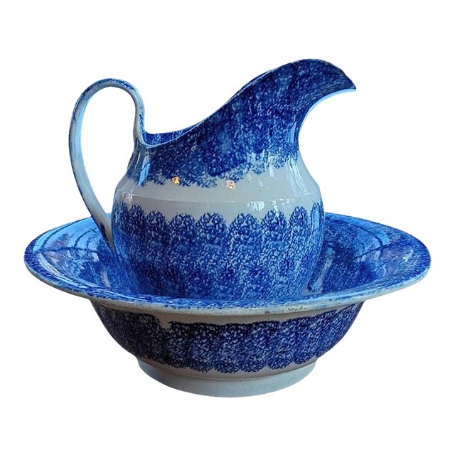 19thc Blue Spatter Ware Pitcher & Bowl Set For Sale