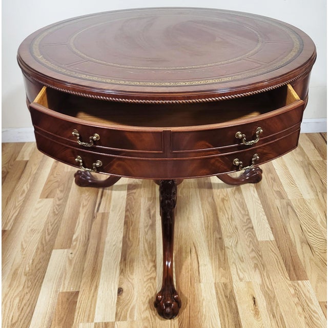 Brown Vintage American Mahogany Gilt Tooled Leather Top Drum Table by Weiman Heirloom For Sale - Image 8 of 15