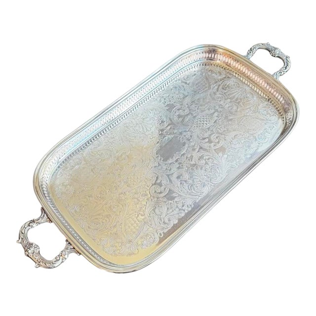 Late 20th Century Large Silver-Plated Footed Gallery Tray With Pierced Rim and Ornate Handles For Sale