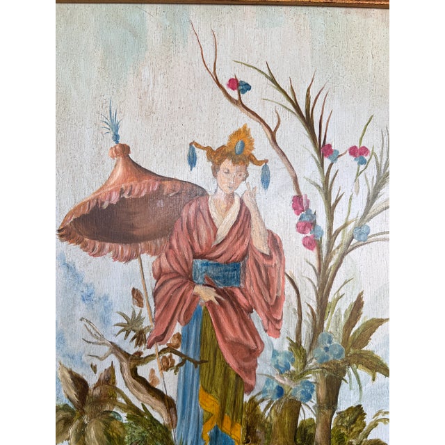 Chinoiserie Chic Style Oil on Wood Painting of Women on the Floating Garden in Gilt Frame For Sale In Palm Springs - Image 6 of 10