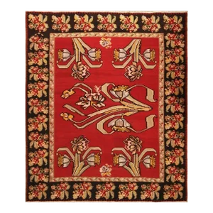 Vintage Bessarabian Geometric Floral Beige Brown and Red Wool Kilim