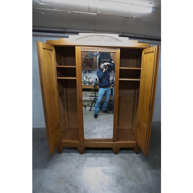 Flemish Art Deco Carved Oak Wardrobe, 1930 For Sale - Image 3 of 18