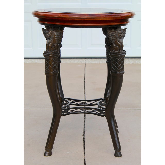 Mid-Century Egyptian Revival Style Round Stone-Top Accent Table With Sculptural Winged Griffins. For Sale - Image 4 of 12