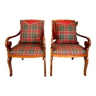 1990s French Charles X Walnut and Red Tartan Armchairs by Hickory Co. - a Pair For Sale
