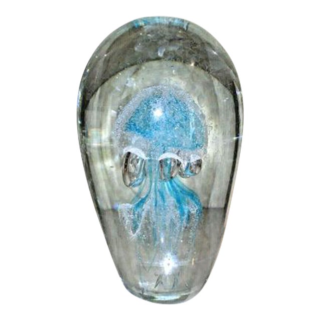 1970s Paperweight Jellyfish 7" Handblown Glass Man-O-War Ocean Blue Clear Egg Shaped For Sale
