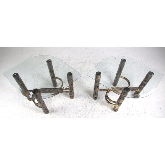 Three piece matching end table or coffee table set with Brutalist style torch cut bases and beveled glass tops. Please...