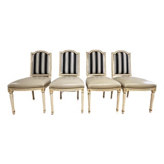 Set of 4 Vintage Louis XVI Style Dining Chairs With Leather Seats For Sale