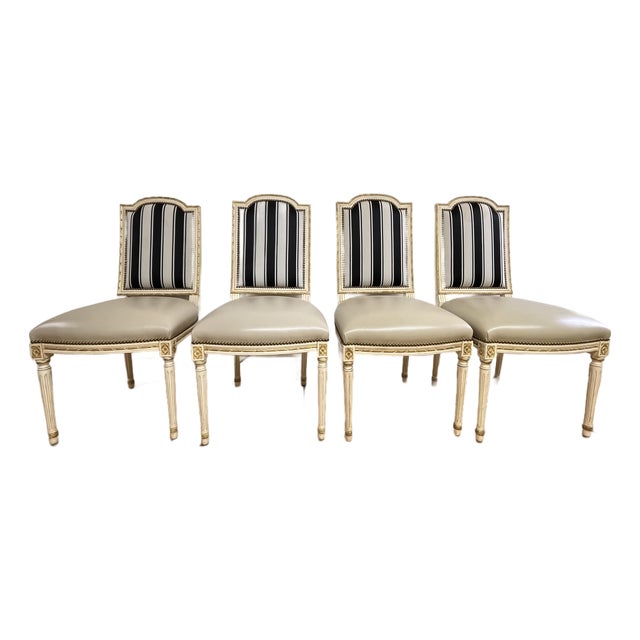Set of 4 Vintage Louis XVI Style Dining Chairs With Leather Seats For Sale