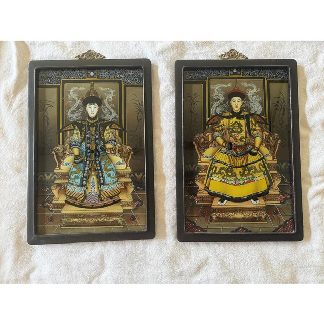 Pair of Reverse Painted on glass Chinese Emperor and Empress of the Qing Dynasty, beautifully executed painting with great...