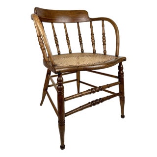 Late 19th Century Victorian Oak Barrel Back Armchair With Cane Seat For Sale