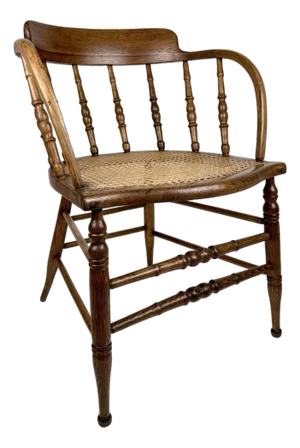 Late 19th Century Victorian Oak Barrel Back Armchair With Cane Seat