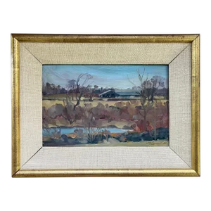 American Modern Impressionist Landscape Oil Painting of a New England Farm Signed McConnell 1982