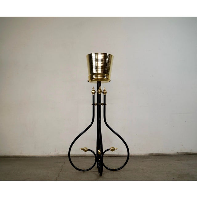 1980s 1980’s Hollywood Regency Black & Brass Plant Stand & Planter For Sale - Image 5 of 12