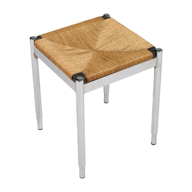 Set of Chromed Steel, Straw, & Mahogany Stools attributed to Gio Ponti for Cassina, 1960s For Sale