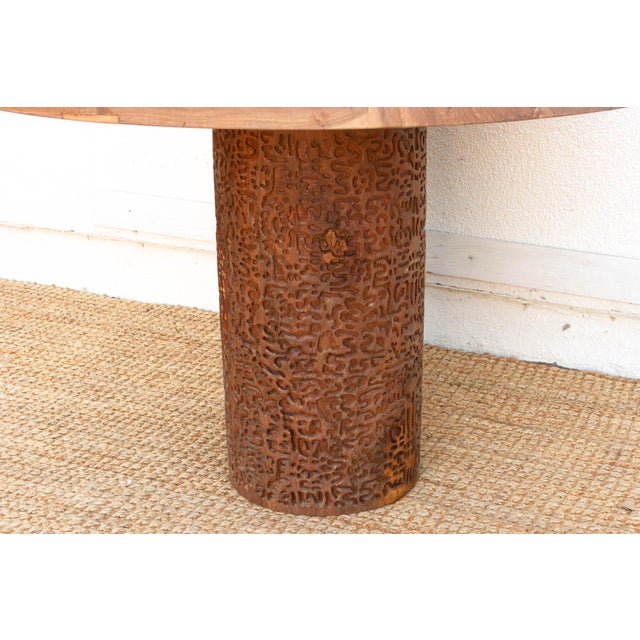 Contemporary Finely Carved Reclaimed Teak Round Pedestal Dining Table For Sale - Image 3 of 12