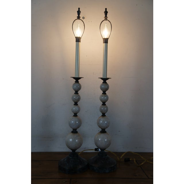 Maitland - Smith Late 20th Century Maitland Smith Shell Mosaic Stacked Ball Candlestick Buffet Table Lamps - Set of 2 For Sale - Image 4 of 12