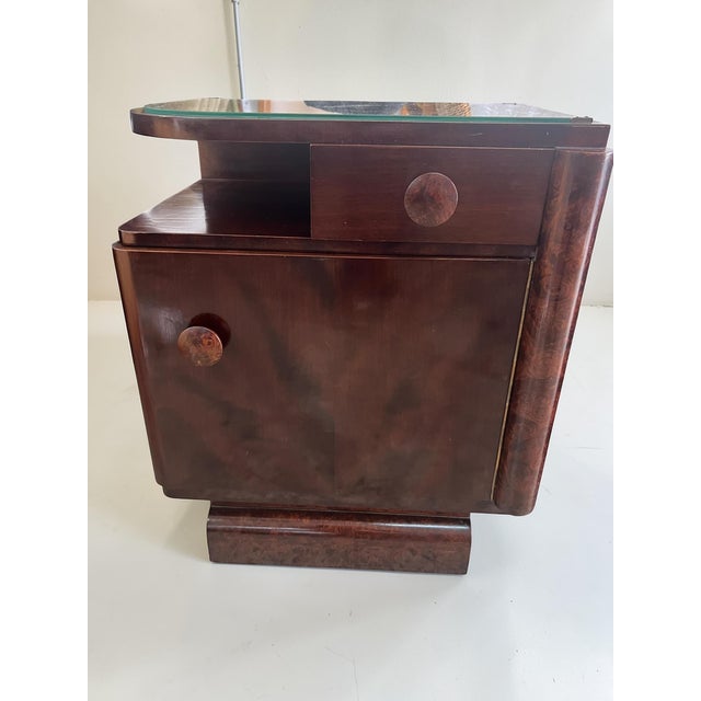 Art Deco Bedside Tables with Burl Walnut Veneer and Glass Tops, Europe, 1950s, Set of 2 For Sale - Image 6 of 13