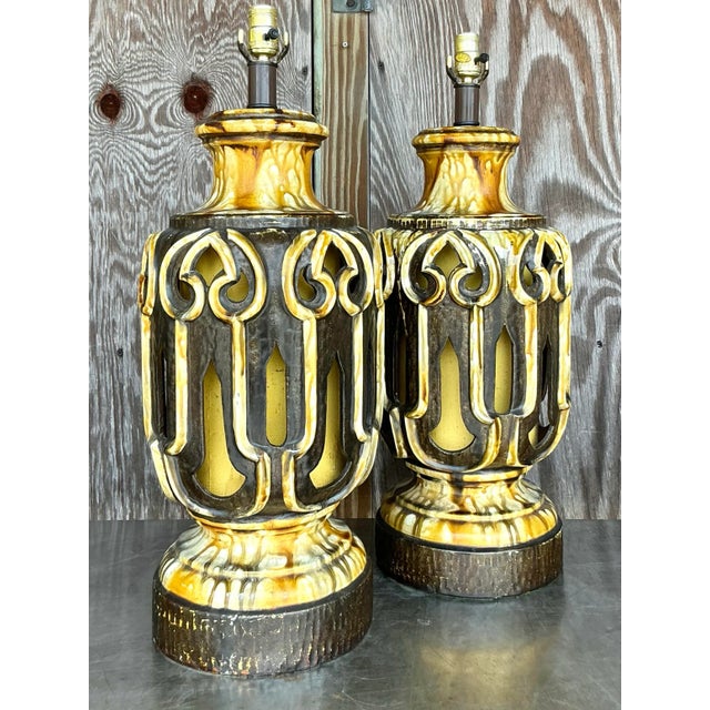 Mid 20th Century Vintage Mid-Century Modern Glazed Ceramic Lamps - a Pair For Sale In West Palm - Image 6 of 8