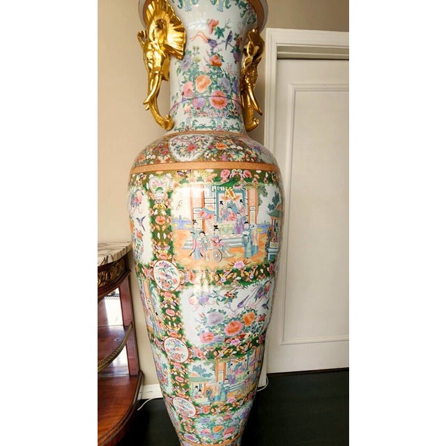 Chinese Pair of Monumental Mid-20th Century Chinese Famille Rose Palace Vases For Sale - Image 3 of 17