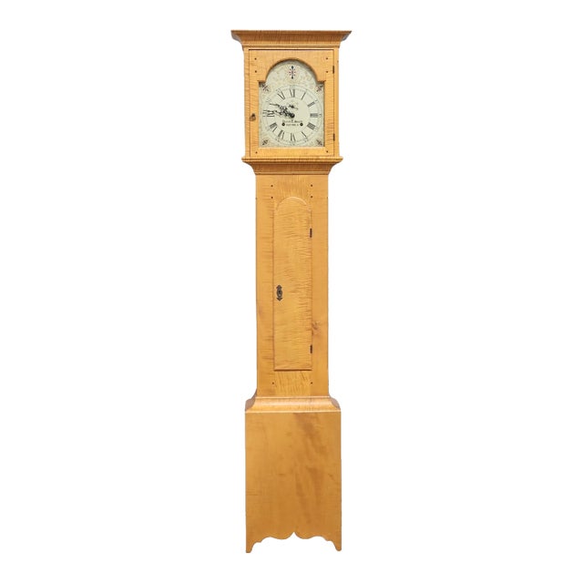Late 20th Century David T. Smith Tiger Maple Tall Case Clock Grandfather Clock Ohio Benchmade For Sale