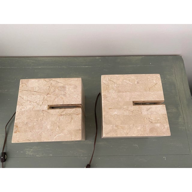 Vintage 1970s Square Stone Lamps With Brass Inlay Set of 2 For Sale In Las Vegas - Image 6 of 12