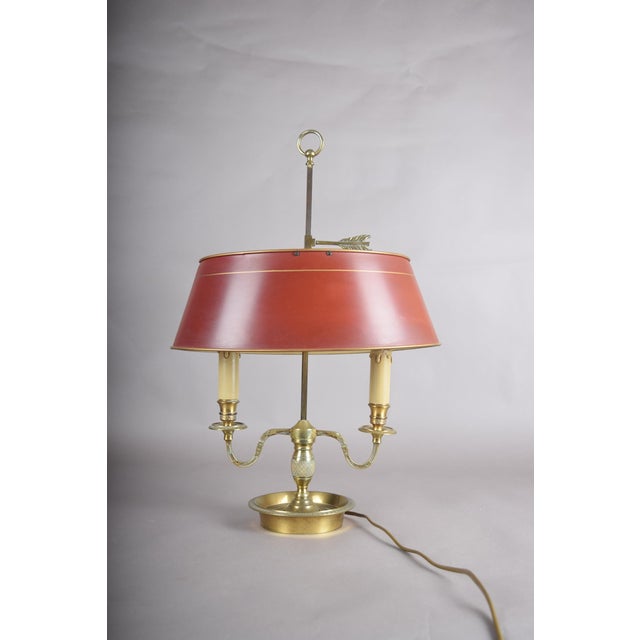 Red French Bouillotte Two-Light Table Lamp in Brass with Red Tôle Shade, 1930s For Sale - Image 8 of 13
