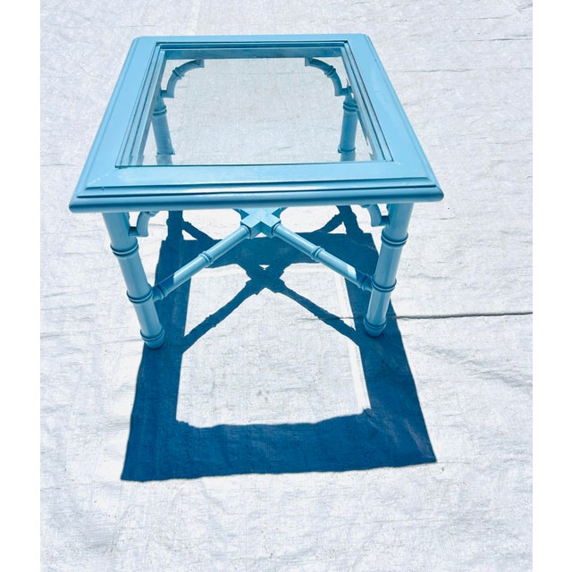 70's Vintage Lane Faux Bamboo Beveled Glass Top End Table Newly Painted Robins Egg Blue, Excellent look. 20ʺW × 22ʺD × 16ʺH
