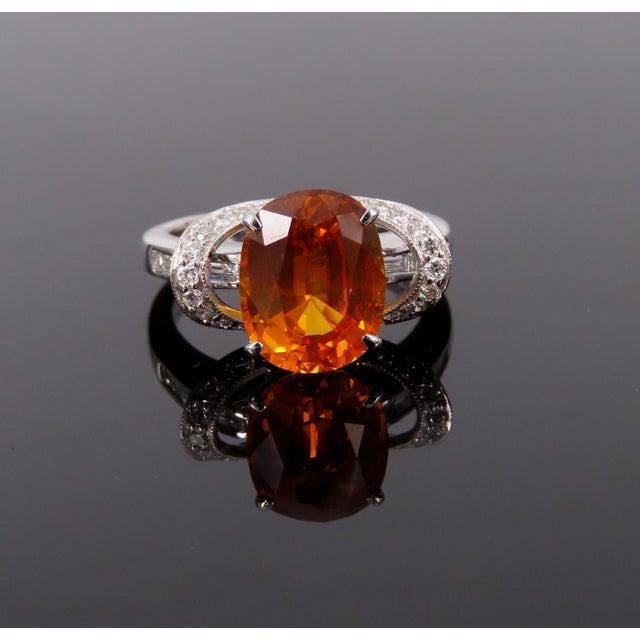 Late 20th Century 4.49ct Gia Vivid Orange Sapphire & 0.51ct Diamond Platinum Ring Size 6.5 8.1gr For Sale In New York - Image 6 of 12