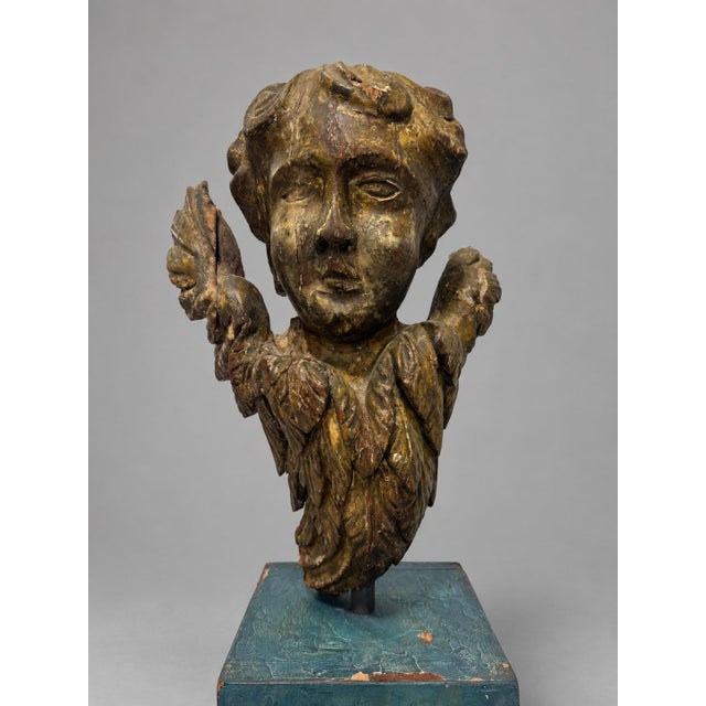 19th Century, Italian Giltwood Winged Cherub Fragment on Faux Marbleized Base For Sale In Providence - Image 6 of 11