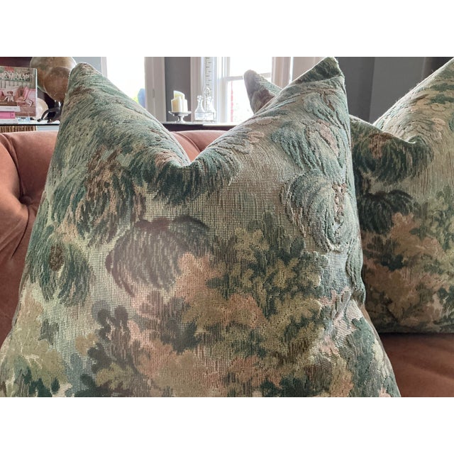 Hollywood Regency Brunschwig and Fils Ming Velvet in Green Pair Down Filled Pillows For Sale - Image 3 of 3