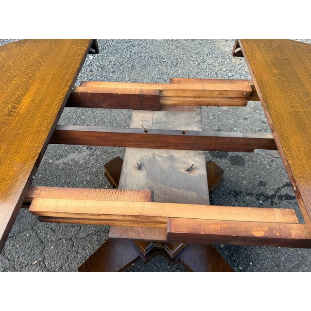 Antique Hand Carved Tiger Oak Pedestal Base Dining Table. For Sale - Image 14 of 17