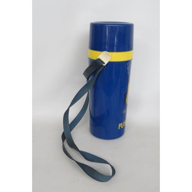 1970s 1970s Mr Peanut Aladdin Blue Yellow Plastic Thermos Travel Mug With Strap 5120b For Sale - Image 5 of 17