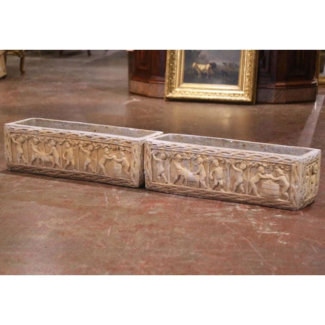 Early 20th Century Pair of Early 20th C. French Cast Stone Bacchian Figural Garden Planters For Sale - Image 5 of 10