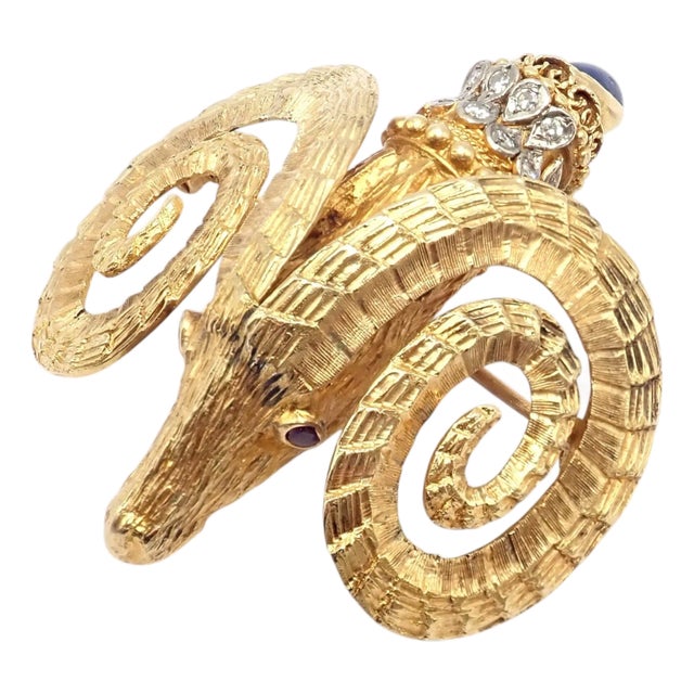 Late 20th Century Rare Ilias Lalaounis Yellow Gold Ram Ares Diamond Ruby Sapphire Large Brooch For Sale