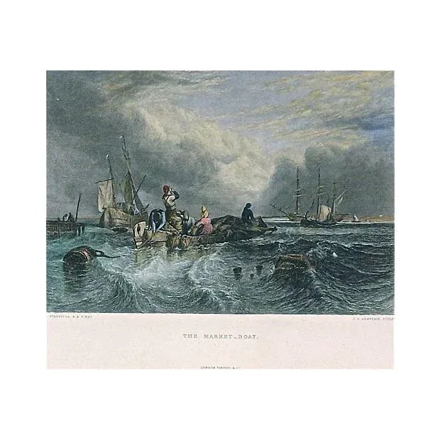 This antique, harbor scene engraving, titled "The Market Boat", depicts a small boat with goods heading towards another...