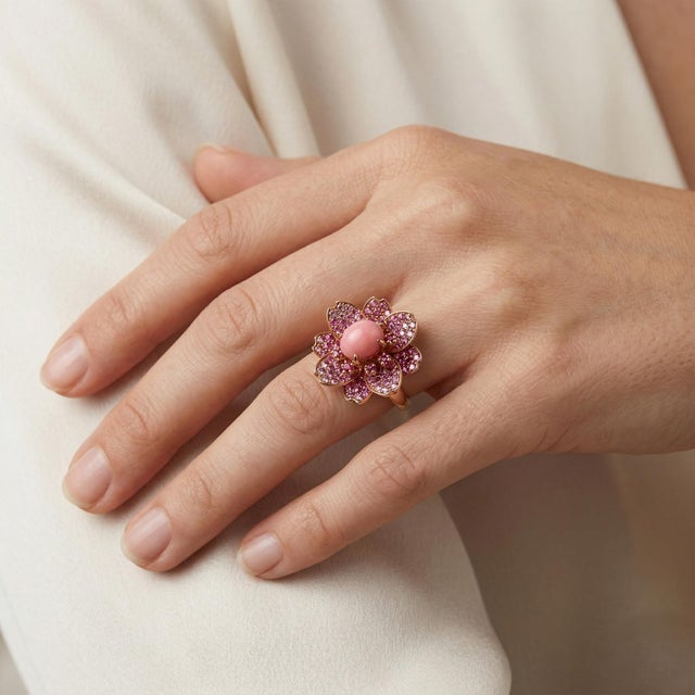 Elegant 18K rose gold floral ring featuring a luminous conch pearl weighing 1.74 carats, accented by pink sapphires...