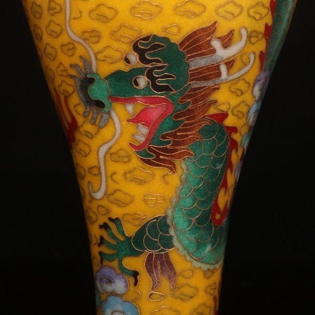 Late 20th Century Pair of Yellow Cloisonné Enamel Dragon and Phoenix Vases For Sale In Los Angeles - Image 6 of 9