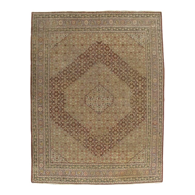 Antique Tabriz Carpet, Handmade Persian Rug in Masculine Gold, Brown and Taupe For Sale