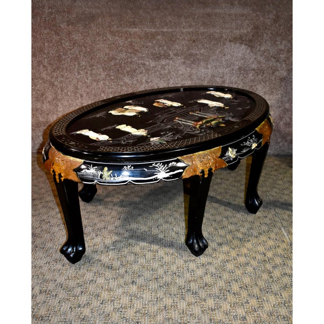 Vintage Asian Style Oval Coffee Table W/Raised Stone ...